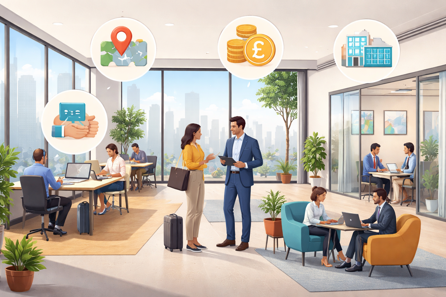 Image of serviced office showing flexible workspaces, key benefits, costs, locations